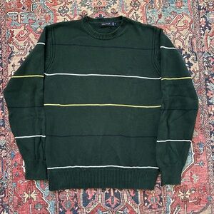 Nautica Men's Green Crewneck Sweater with Yellow and White Stripes Men’s M